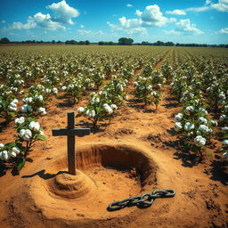 A vivid depiction of an 1800s plantation, featuring a sprawling cotton field under a bright blue sky