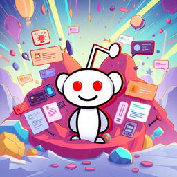 A vibrant, engaging illustration of the Reddit logo, creatively placed in an imaginative setting