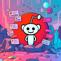 A vibrant, engaging illustration of the Reddit logo, creatively placed in an imaginative setting