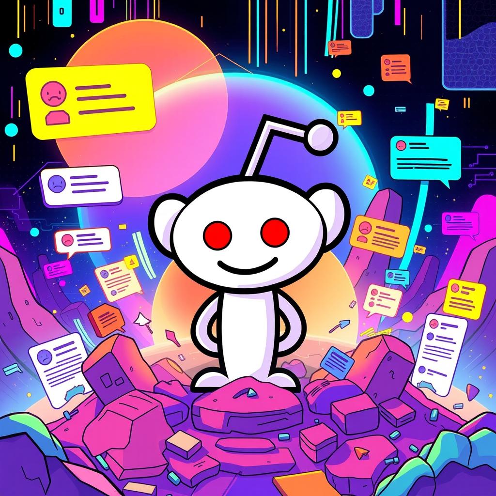 A vibrant, engaging illustration of the Reddit logo, creatively placed in an imaginative setting