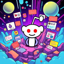 A vibrant, engaging illustration of the Reddit logo, creatively placed in an imaginative setting