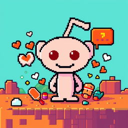 A playful pixel art rendition of the Reddit logo, featuring the familiar alien mascot surrounded by various pixelated elements representing user-generated content like memes and comments