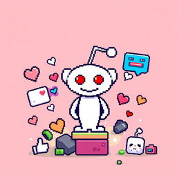 A playful pixel art rendition of the Reddit logo, featuring the familiar alien mascot surrounded by various pixelated elements representing user-generated content like memes and comments
