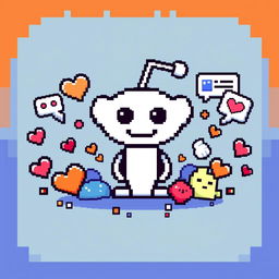 A playful pixel art rendition of the Reddit logo, featuring the familiar alien mascot surrounded by various pixelated elements representing user-generated content like memes and comments