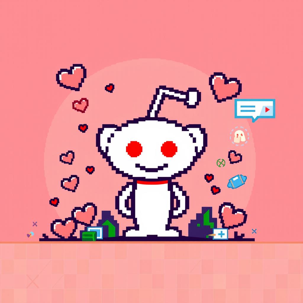 A playful pixel art rendition of the Reddit logo, featuring the familiar alien mascot surrounded by various pixelated elements representing user-generated content like memes and comments