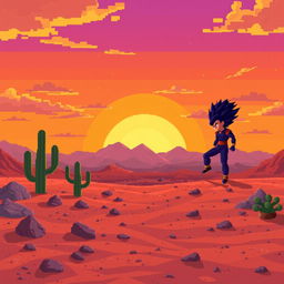 A vibrant 8-bit desert landscape depicting the scene of Goku's battle against Vegeta on Earth