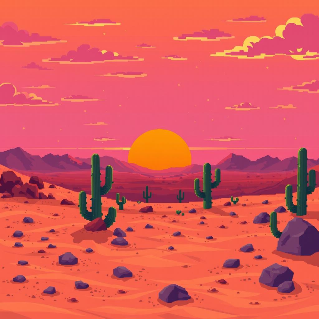 A vibrant 8-bit desert landscape depicting the scene of Goku's battle against Vegeta on Earth