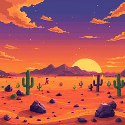 A vibrant 8-bit desert landscape depicting the scene of Goku's battle against Vegeta on Earth
