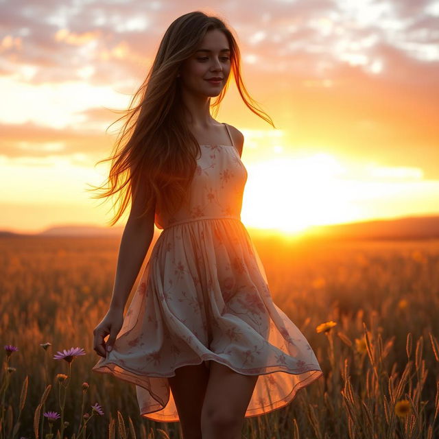 A young woman walking through a vast, golden field during the evening