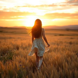 A young woman walking through a vast, golden field during the evening