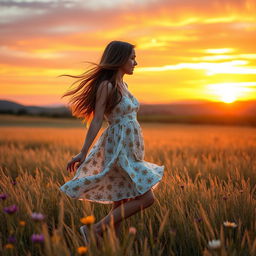 A young woman walking through a vast, golden field during the evening