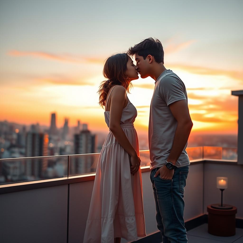 An intimate moment on a rooftop terrace during sunset, featuring an older boy and girl preparing to share a kiss