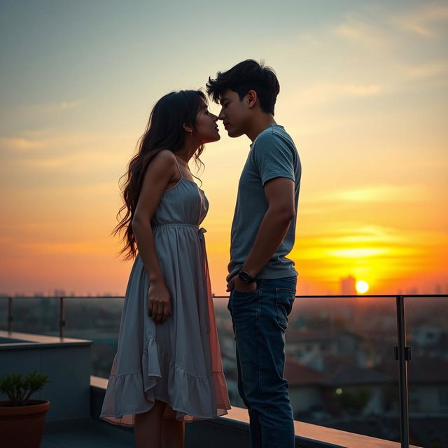 An intimate moment on a rooftop terrace during sunset, featuring an older boy and girl preparing to share a kiss