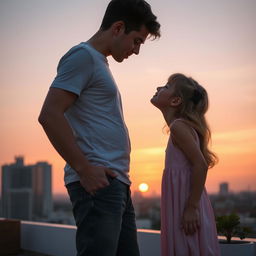 An intimate moment on a rooftop terrace during sunset, featuring an older boy and girl preparing to share a kiss