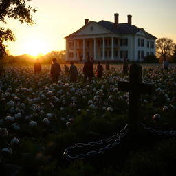 A historical depiction of an 1800's plantation, featuring a large, elegant plantation house in the background