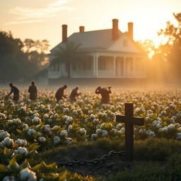A historical depiction of an 1800's plantation, featuring a large, elegant plantation house in the background