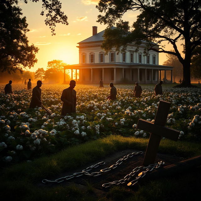 A historical depiction of an 1800's plantation, featuring a large, elegant plantation house in the background