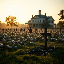 A historical depiction of an 1800's plantation, featuring a large, elegant plantation house in the background