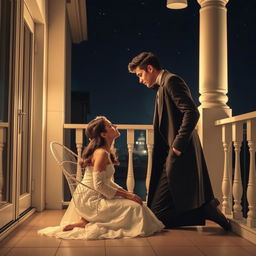 A romantic scene at night on a balcony, featuring an elegant young couple