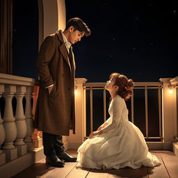 A romantic scene at night on a balcony, featuring an elegant young couple