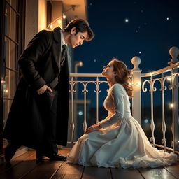 A romantic scene at night on a balcony, featuring an elegant young couple