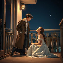 A romantic scene at night on a balcony, featuring an elegant young couple