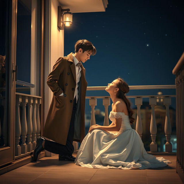 A romantic scene at night on a balcony, featuring an elegant young couple