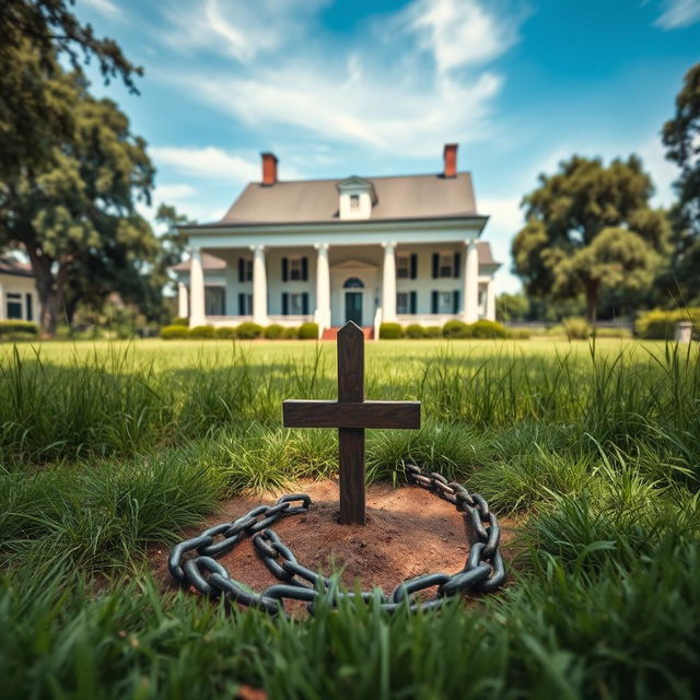 A serene 1800s plantation scene featuring a grand house in the background, showcasing classic southern architecture with white columns and sprawling porches