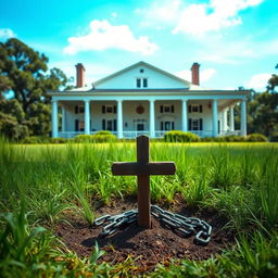 A serene 1800s plantation scene featuring a grand house in the background, showcasing classic southern architecture with white columns and sprawling porches