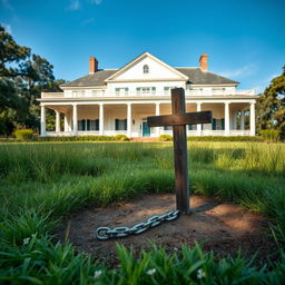 A serene 1800s plantation scene featuring a grand house in the background, showcasing classic southern architecture with white columns and sprawling porches