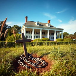 A serene 1800s plantation scene featuring a grand house in the background, showcasing classic southern architecture with white columns and sprawling porches