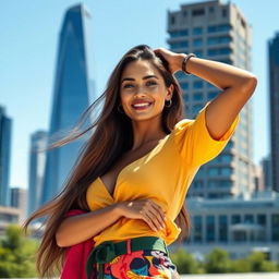 A fashion model posing confidently in an urban setting, wearing a stylish outfit with vibrant colors