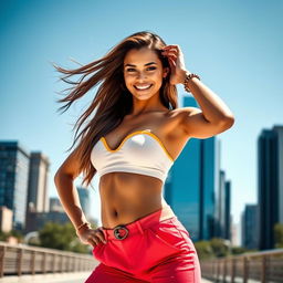A fashion model posing confidently in an urban setting, wearing a stylish outfit with vibrant colors