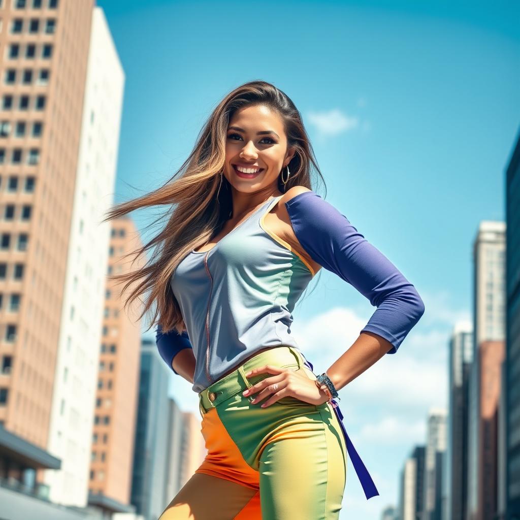 A fashion model posing confidently in an urban setting, wearing a stylish outfit with vibrant colors