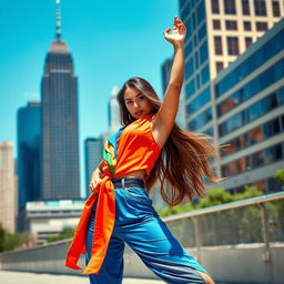 A fashion model posing confidently in an urban setting, wearing a stylish outfit with vibrant colors