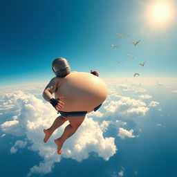 A whimsical scene featuring a comically oversized biker with an inflated, round belly, wearing only a full-face helmet that covers his entire face and snug-fitting underwear