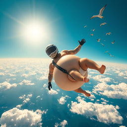 A whimsical scene featuring a comically oversized biker with an inflated, round belly, wearing only a full-face helmet that covers his entire face and snug-fitting underwear