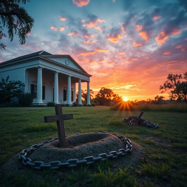 A serene 1800's plantation scene at sunset, featuring a historical plantation house in the background with white columns and large windows