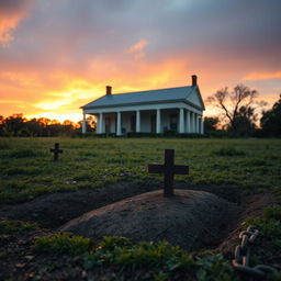 A serene 1800's plantation scene at sunset, featuring a historical plantation house in the background with white columns and large windows