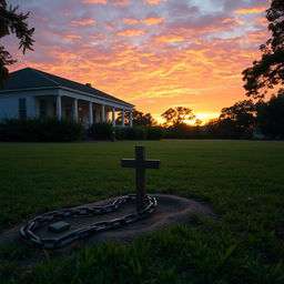 A serene 1800's plantation scene at sunset, featuring a historical plantation house in the background with white columns and large windows