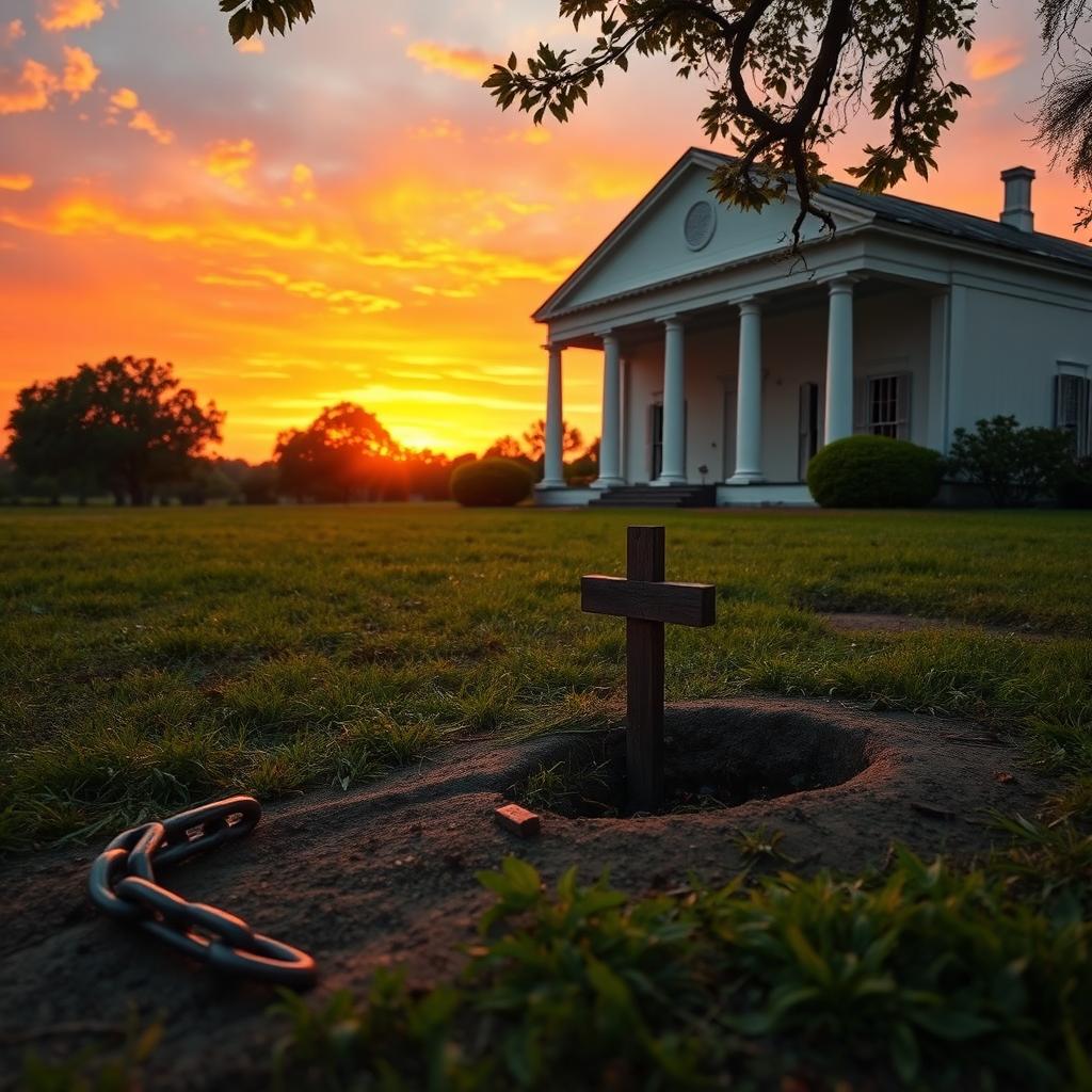 A serene 1800's plantation scene at sunset, featuring a historical plantation house in the background with white columns and large windows