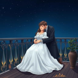 An elegant scene set on a balcony at night