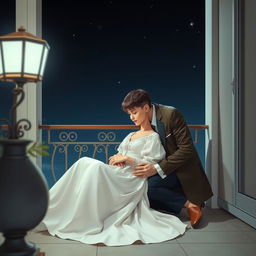 An elegant scene set on a balcony at night