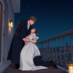 An elegant scene set on a balcony at night