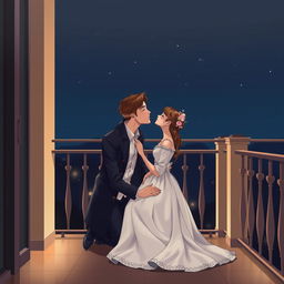 An elegant scene set on a balcony at night