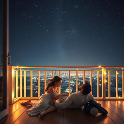 A romantic scene set on a balcony at night, with a beautiful view of the starry sky