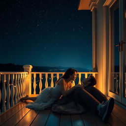 A romantic scene set on a balcony at night, with a beautiful view of the starry sky