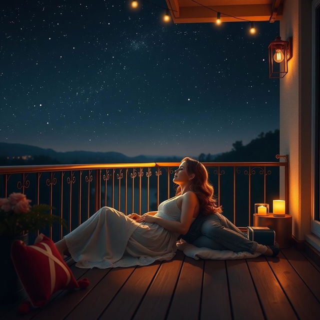 A romantic scene set on a balcony at night, with a beautiful view of the starry sky