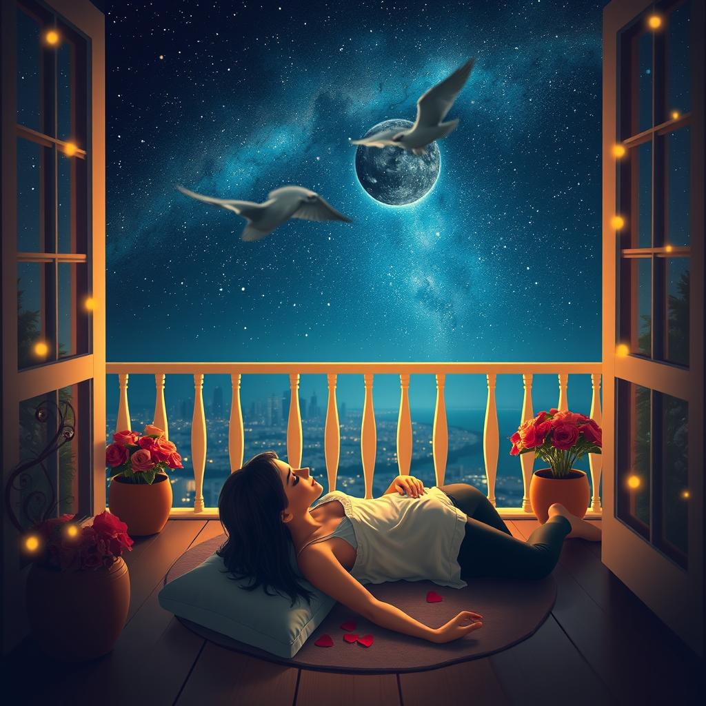 A romantic scene set on a balcony at night, with a beautiful view of the starry sky