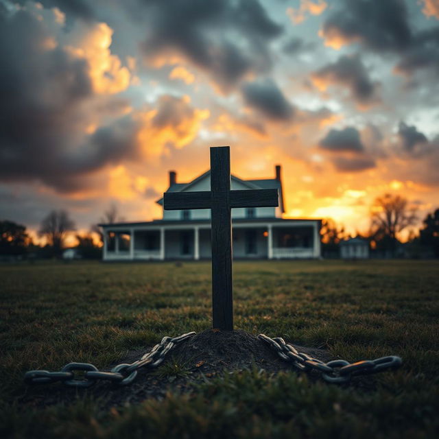 An atmospheric scene depicting an 1800's plantation, with a grand old house in the background reflecting historical architecture